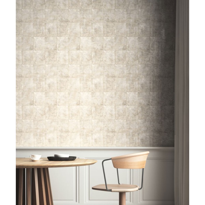 Papeldecor|Papier peint effet carrelage avec des patchs de plâtre blanc|Papier Peint