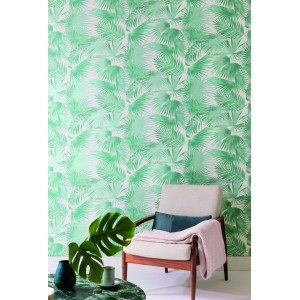 Grandeco|Papel pintado tropical verde dorado con relieves|Tropical 2