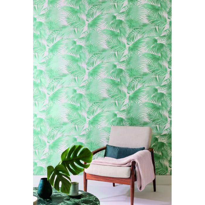 Papeldecor|Papier peint tropical avec feuilles de palmier vertes brillantes|Papier Peint