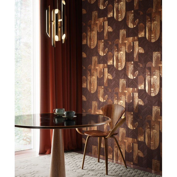 Papel pintado africano con máscaras tribales en tonos marrón -  220-5225