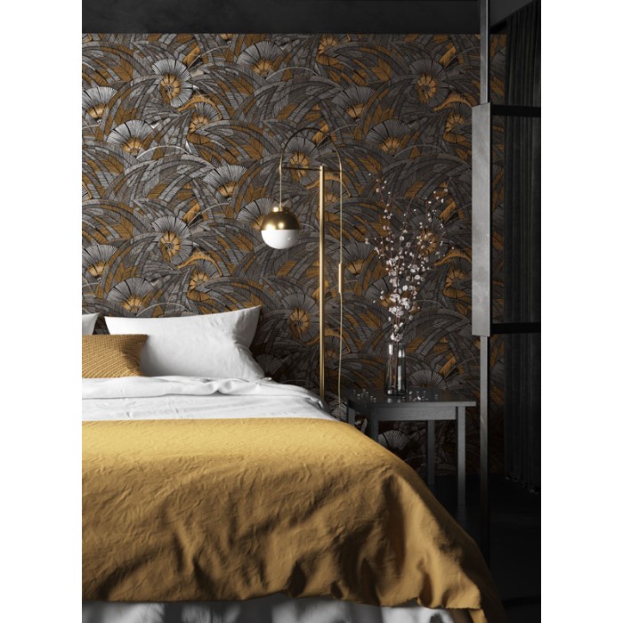 Papel pintado moderno hojas grandes grises y doradas -  220-5235