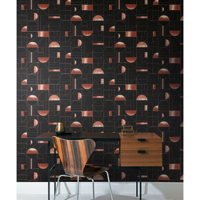 Papel pintado moderno con formas curvas y círculos marrón y negro -  220-5261