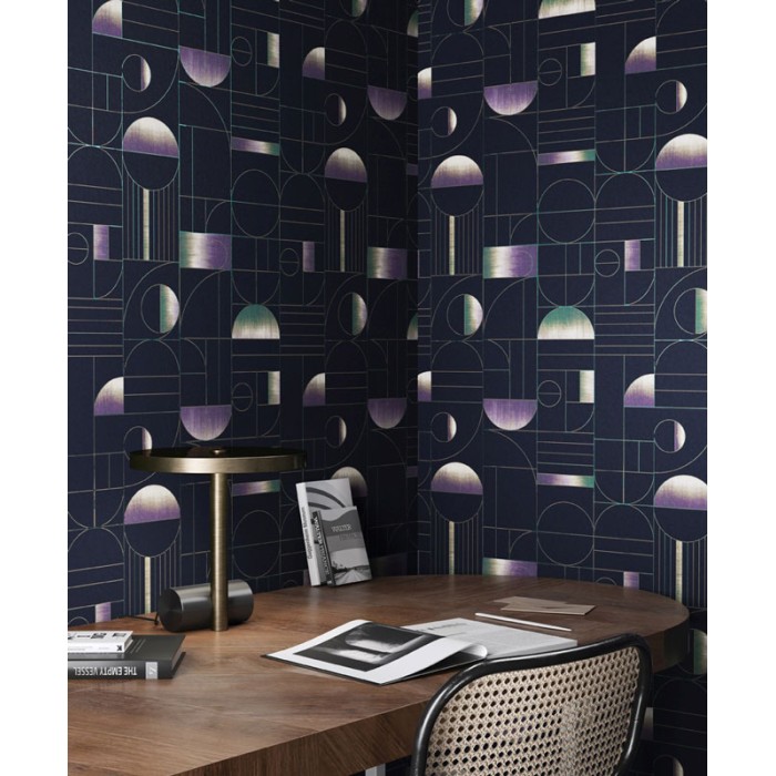 Papeldecor|Papel pintado modenro con formas arquitectónicas azul oscuro, verde y lila|Papel Pintado