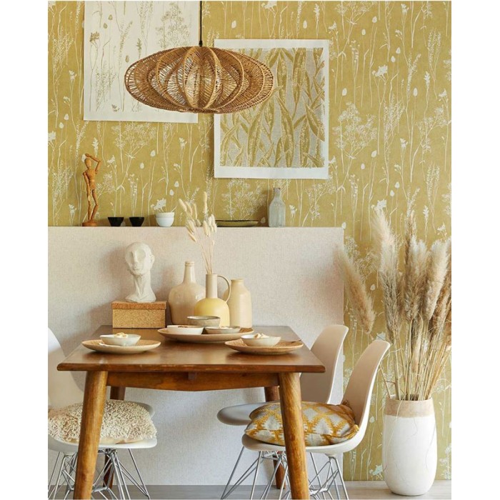 Papel pintado estilo nórdico motivos florales color ocre -  220-5277