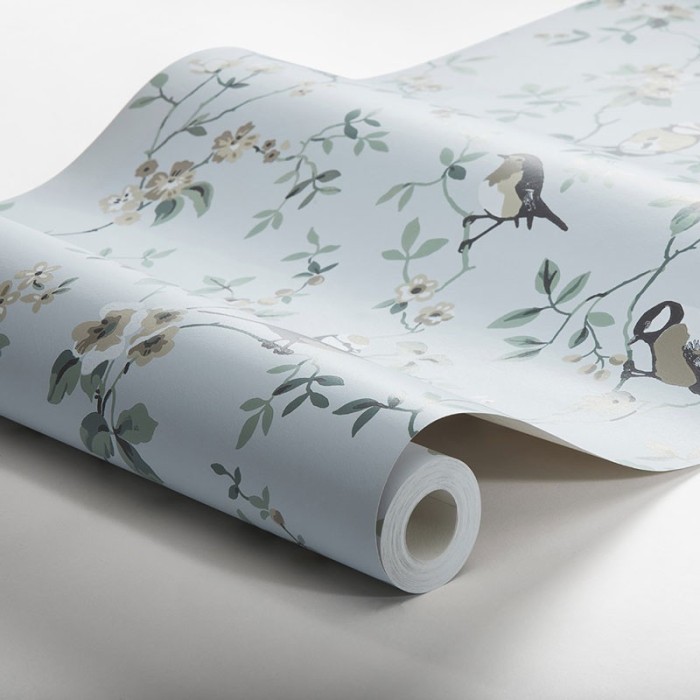 Borastapeter|Papier peint romantique oiseaux rouges fleurs bleu|Romantique