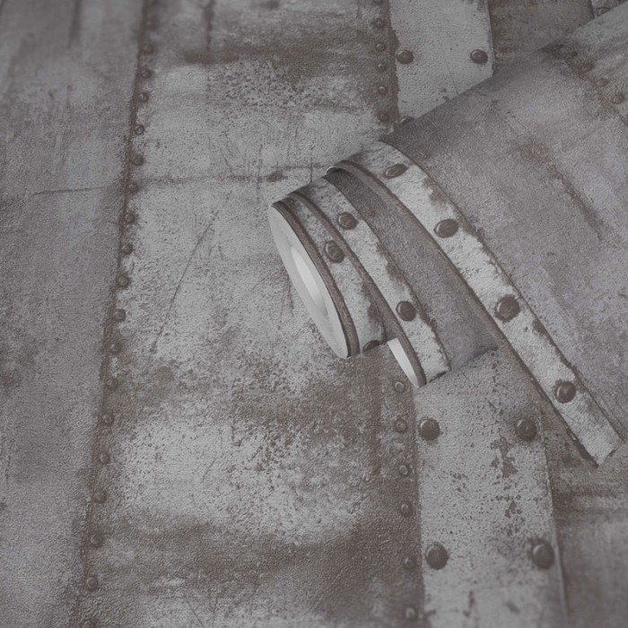 Papel Pintado efecto metal remachado azul y un toque vintage - As Creation Industrial 377432