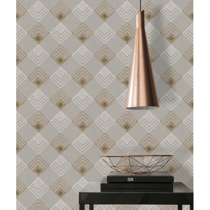 Papel Pintado rombos geométricos gris y dorado - As Creation New Life 376823