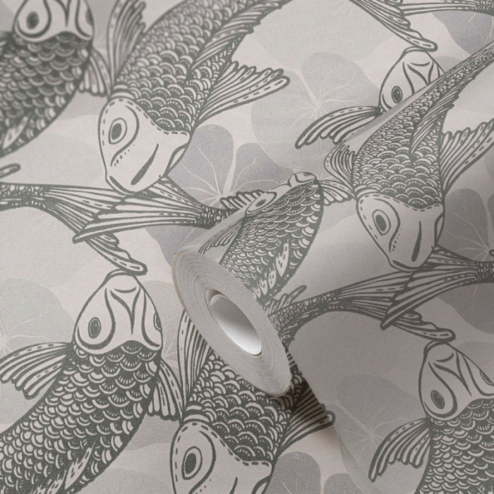 As Creation|Papier Peint oriental avec carpes japonaises en tons de gris|Papier Peint