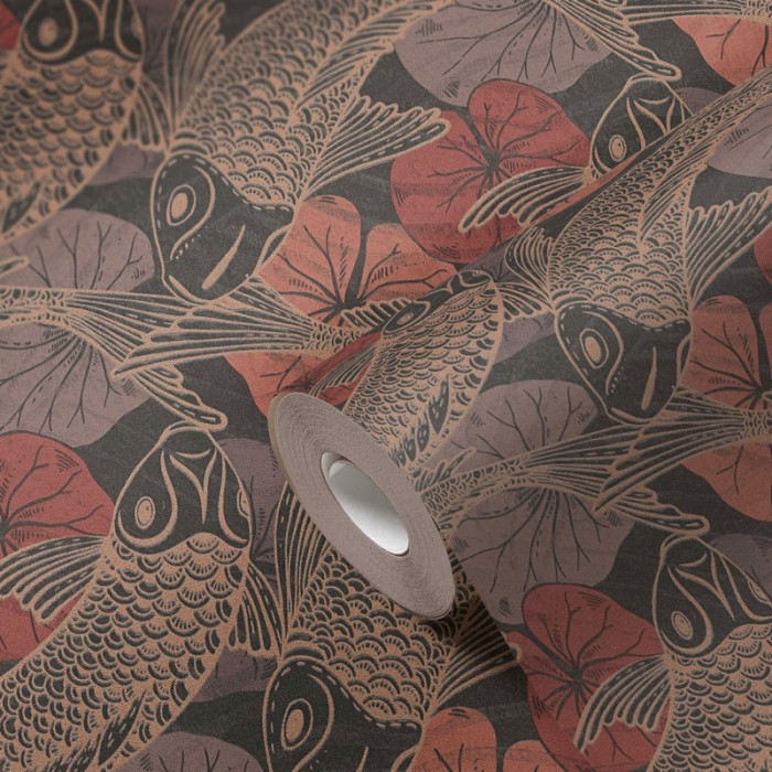 As Creation|Papier Peint japonais avec des nénuphars et des poissons orientaux|Papier Peint
