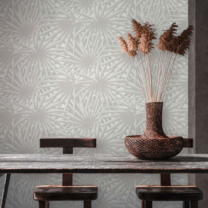 As Creation|Papel Pintado hojas tropicales metalizado gris y beige|Papel Pintado