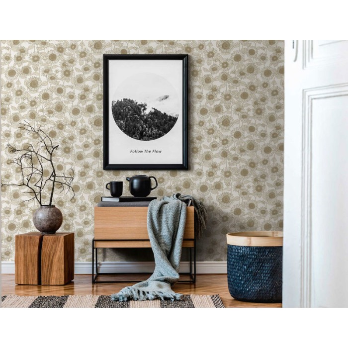 Papeldecor|Papier Peint floral tournesols blanc et beige|Papier Peint