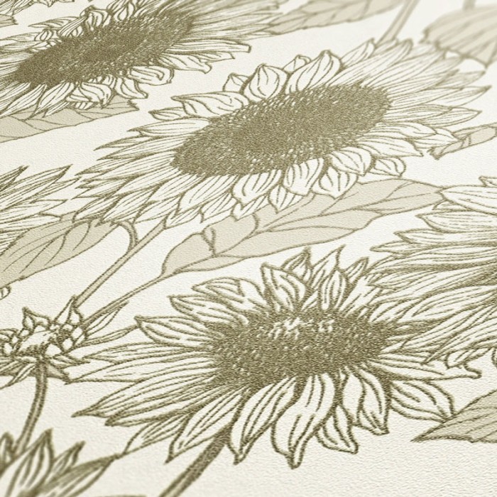 Papeldecor|White and beige sunflower floral Wallpaper|Wallpaper