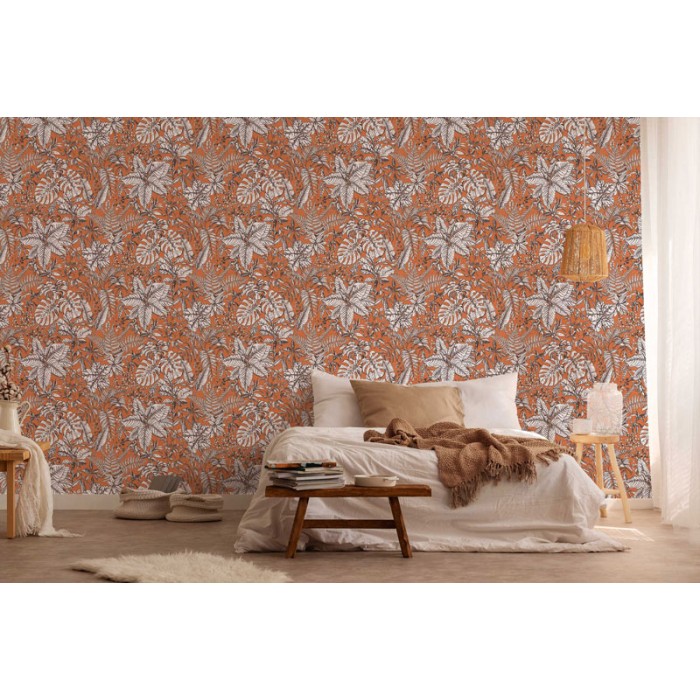 Papeldecor|Orange tropical floral Wallpaper|Wallpaper
