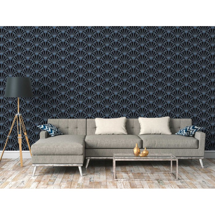 Papeldecor|Papel Pintado Art Deco azul y negro metalizado|Papel Pintado