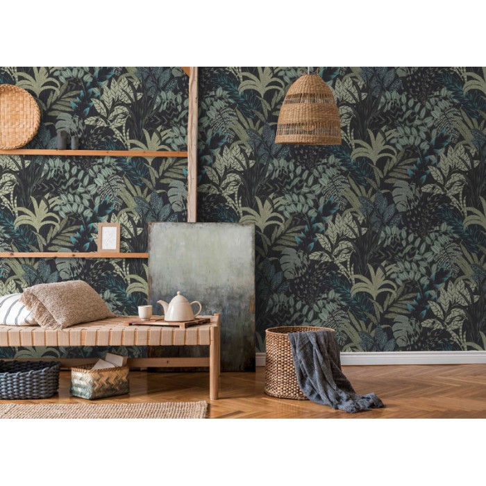 Papel Pintado floral moderno verde y negro -  221-1612