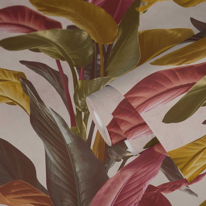 Papeldecor|Tapete mit buntem Blumenmuster und großen Kalla-Blättern|Tapeten