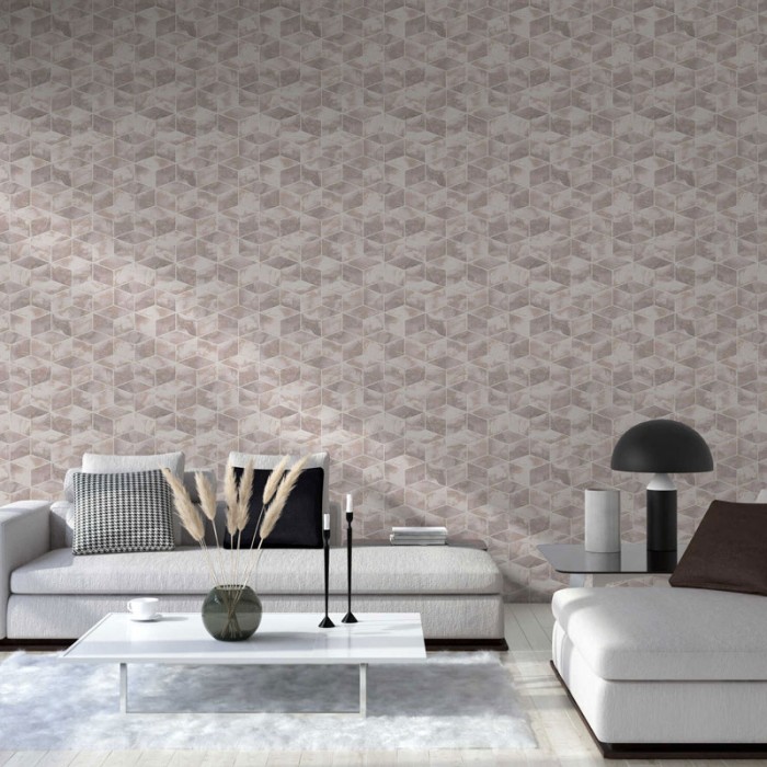 Papeldecor|Tapete geometrisches Muster mit rosa Marmor-Effekt und metallischen Details|Marmorimitat