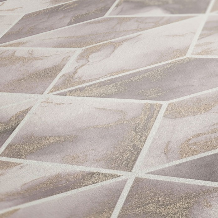Papeldecor|Tapete geometrisches Muster mit rosa Marmor-Effekt und metallischen Details|Marmorimitat