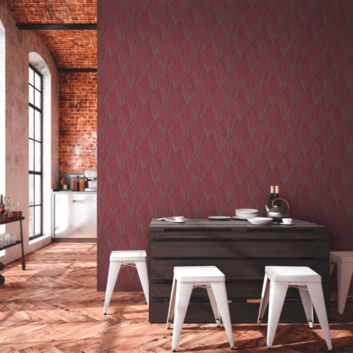 Papeldecor|Papel Pintado Art Deco moderno rojo con detalles metalizados|Papel Pintado