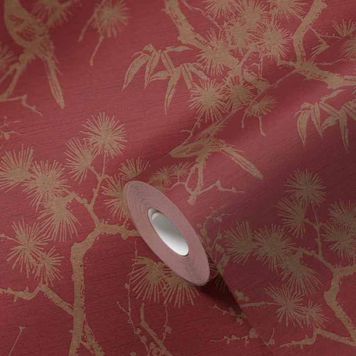 |Wallpaper oriental style Japanese bonsai red and metallics|Wallpaper