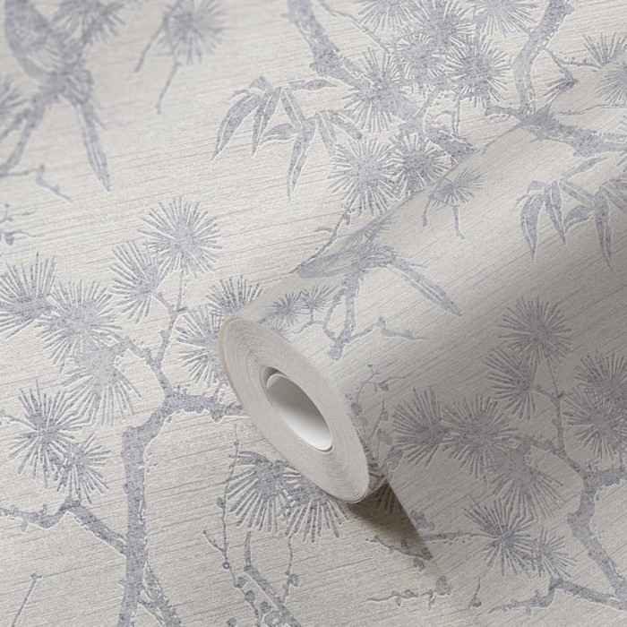 Papel Pintado bonsáis japoneses blanco y gris metalizado -  221-1633