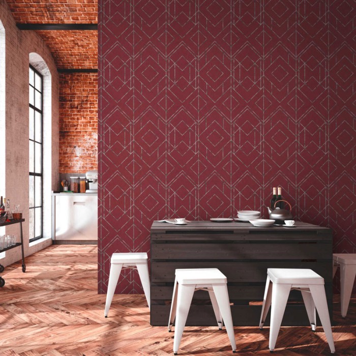Papel Pintado rojo formas geométricas metalizadas -  221-1638