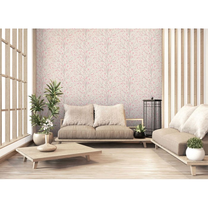 Papeldecor|Papel Pintado cerezo gris claro rosa|Papel Pintado