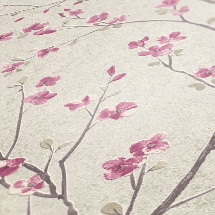 Papeldecor|Papel Pintado cerezo gris claro rosa|Papel Pintado