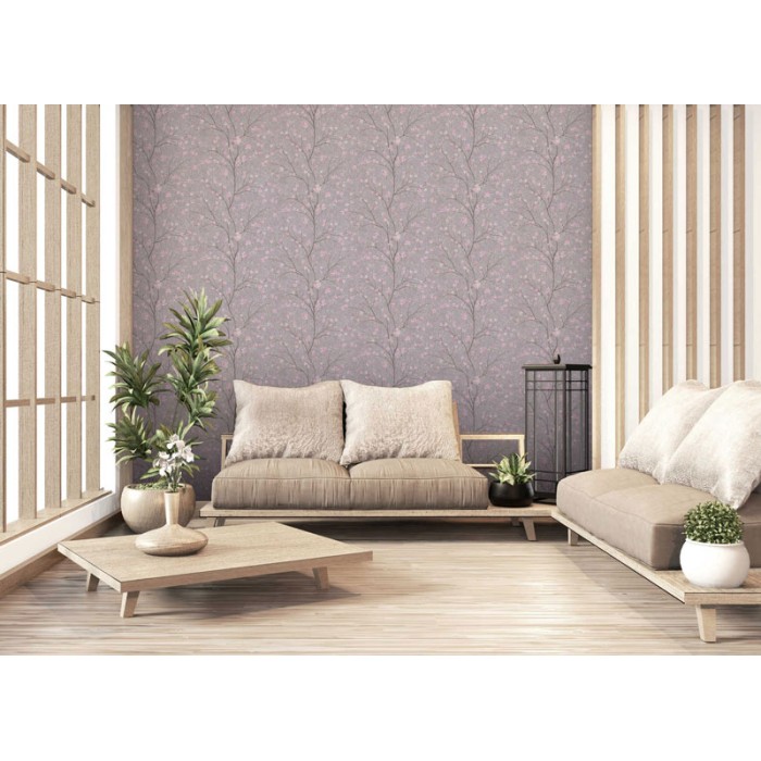 Papeldecor|Papel Pintado japonés ramas cerezo gris rosa|Papel Pintado