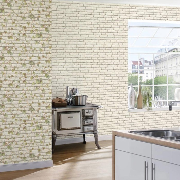 Papeldecor|Papier Peint brique blanche avec plantes|Imitation Brique