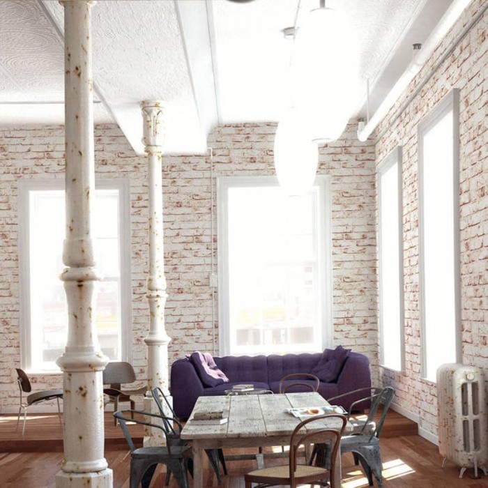 Papeldecor|Tapete Weiß-rote Ziegel verputzt|Ziegelimitat