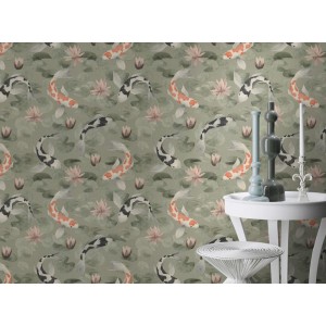 Rasch|Wallpaper Japanese with water lilies and koi carp|Kimono 2