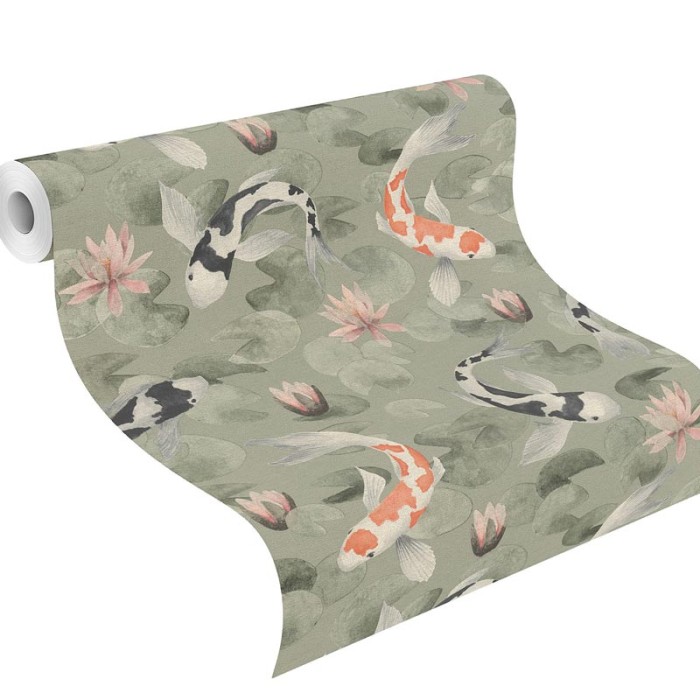 Rasch|Wallpaper Japanese with koi carp and zen water lilies|Kimono