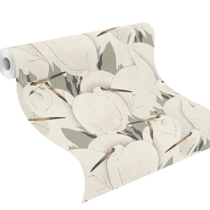 Rasch|Papel pintado garzas japonesas blanco y verde|Kimono