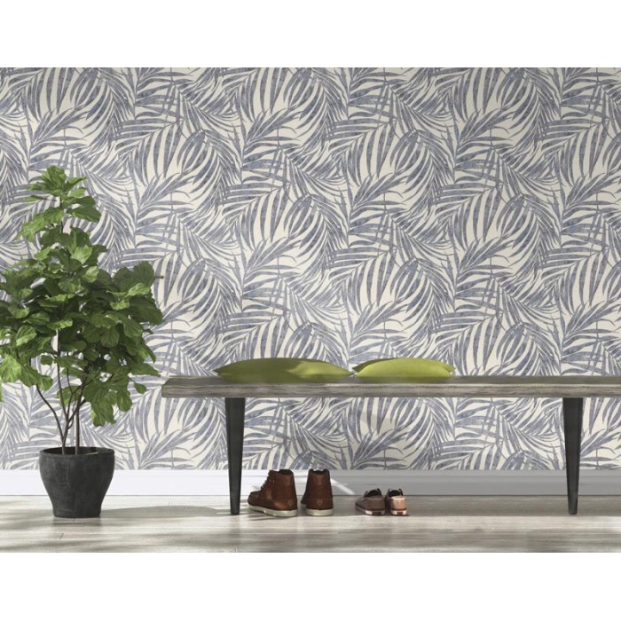 Papeldecor|Papel pintado ramas de palmera azul denim mate grises brillo|Papel Pintado