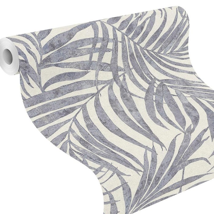 Papeldecor|Papel pintado ramas de palmera azul denim mate grises brillo|Papel Pintado