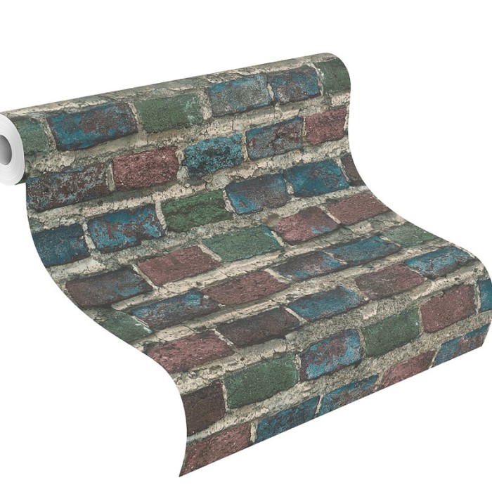 Rasch|Tapete blaue und grüne Ziegel Farben|Ziegelimitat