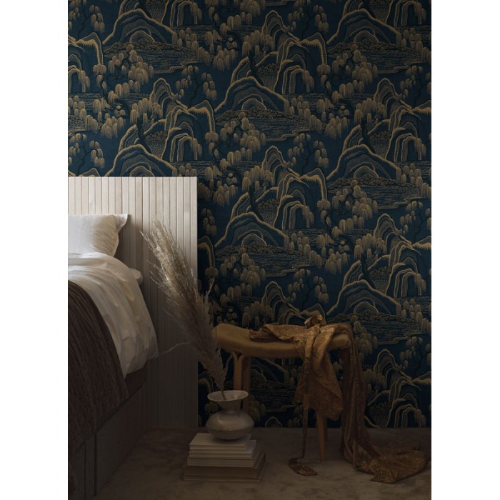 Borastapeter|Papel pintado paisaje japonés azul dorado brillo|Papel Pintado