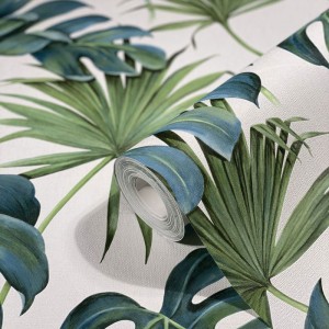 Marburg|Tropical large leaf wallpaper in green and gray|Tropical