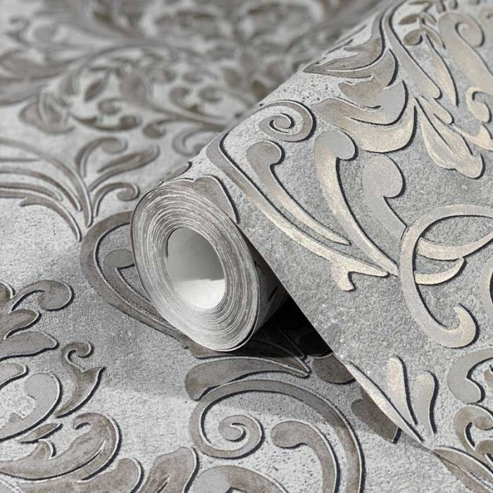 Papeldecor|Papel pintado damasco gris y dorado con un toque industrial|Papel Pintado