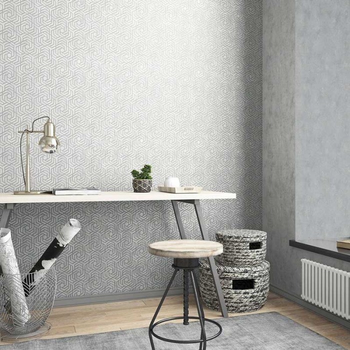 Papeldecor|3D silver geometric motifs wallpaper, concrete effect|Wallpaper