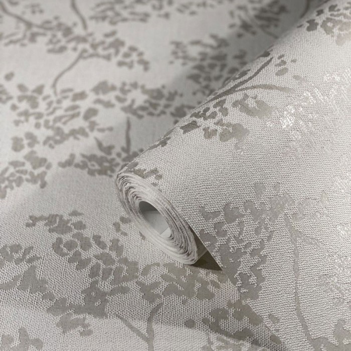 Papeldecor|Papel pintado floral blanco con hojas plata metalizado|Papel Pintado