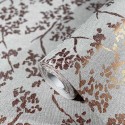 Papeldecor|Wallpaper floral light grey with red metallic leaves|Wallpaper
