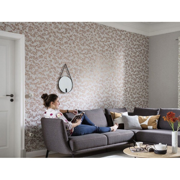 Papeldecor|Wallpaper floral light grey with red metallic leaves|Wallpaper