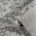 Papeldecor|Papier peint floral gris et argent avec feuilles métalliques|Papier Peint