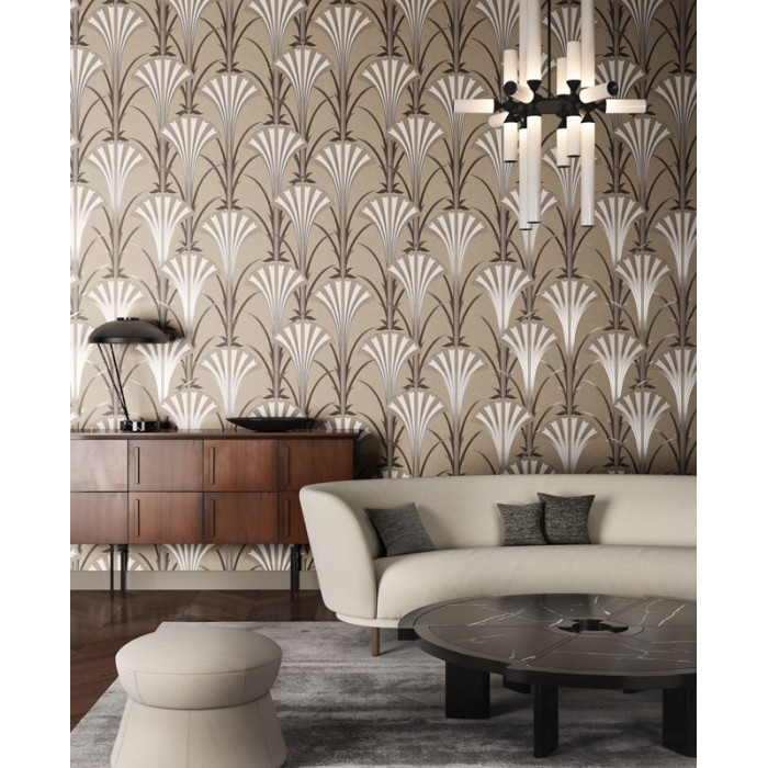 Khroma|Papel Pintado abanicos Art Deco beige champán con brillo|Papel Pintado
