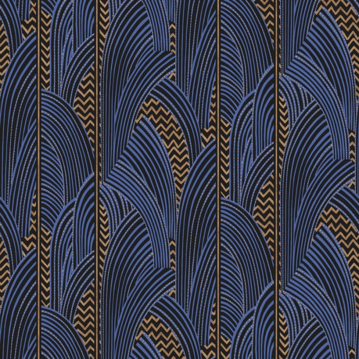 Khroma|Papel Pintado motivos arqueados azul y bronce metalizado|Papel Pintado