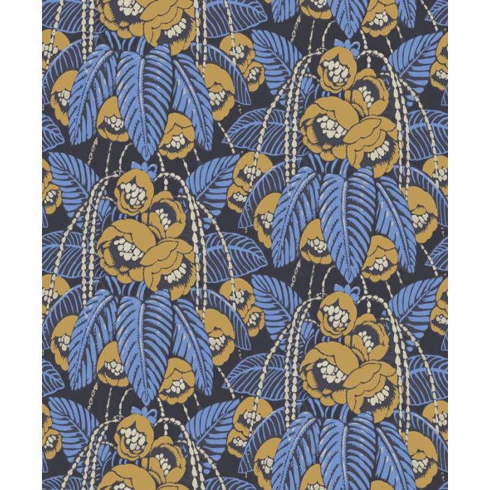 Khroma|Papier peint floral bleu et doré éclat sur fond noir|Papier Peint