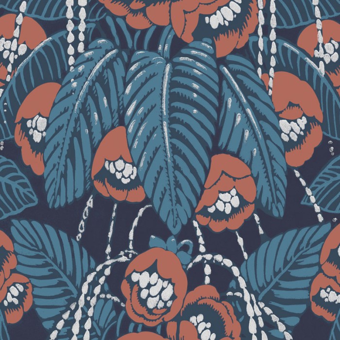 Khroma|Papel Pintado flores exóticas con detalles metalizados azul y rojo|Papel Pintado