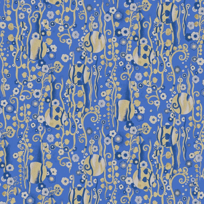 Khroma|Papel Pintado flores y círculos metálicos azul y dorado|Papel Pintado